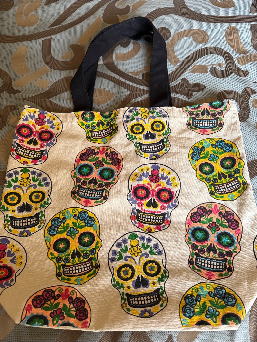 Canvas Tote Bag with Colorful Sugar Skull Print - Multicolor